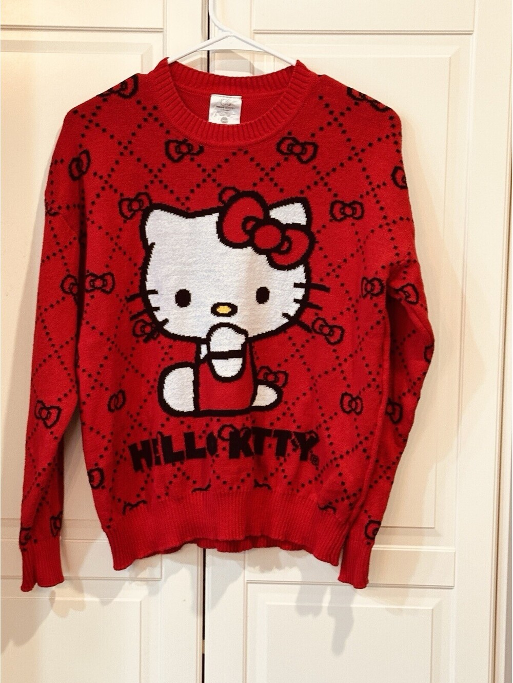 Hello Kitty by Sanrio Red Bow Argyle Crewneck Sweater Womens Size S